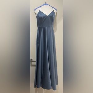 David’s Bridal Chiffon Spaghetti Bridesmaid Dress (Steel Blue)